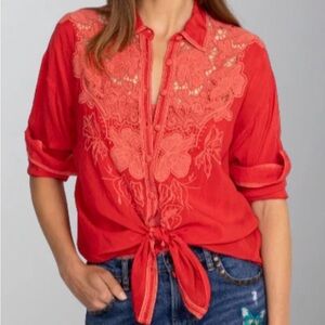 Johnny Was Gillian cupra rayon blouse/Aura Orange/tonal lace & embroidery-NWT
